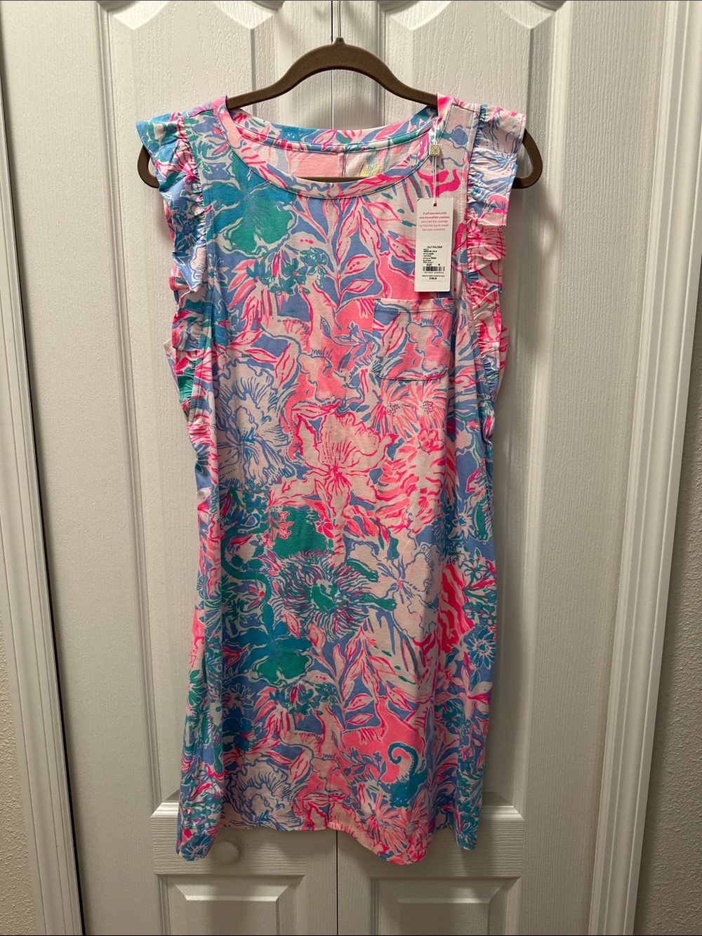 Lilly Pulitzer Pink Teal Blue Floral Ruffle-Sleeve Casual Dress